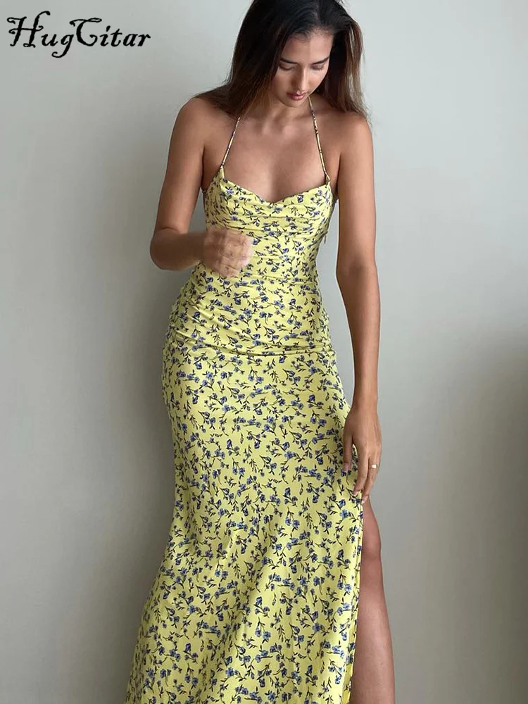 Hugcitar stampa floreale Slip senza maniche Backless Sexy fessura Maxi abito da ballo estate donna elegante Y2K vestiti Beach Festival Party