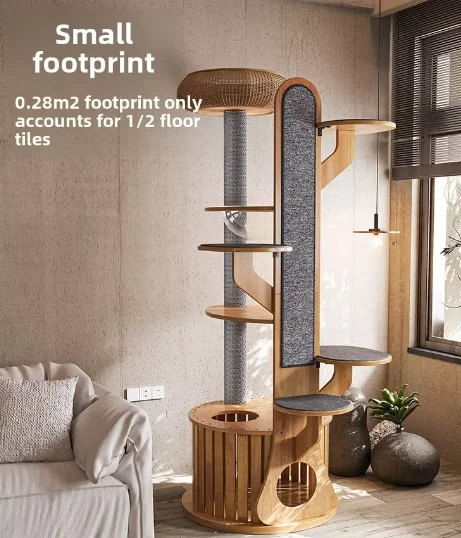 190cm Height Solid Wood Luxury Cat Tree Multi-Layer Cat Nest Jumping Platform Wear-Resistant Cat Climbing Rack Scratcher Carton