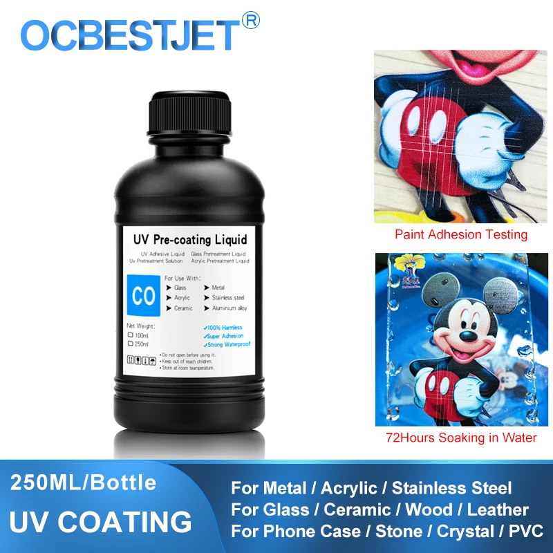 250ML No Odor UV Coating Fluid UV Pretreatment Solution For UV Flatbed Printer For Glass Wood Metal Crystal Leather Ceramic PVC