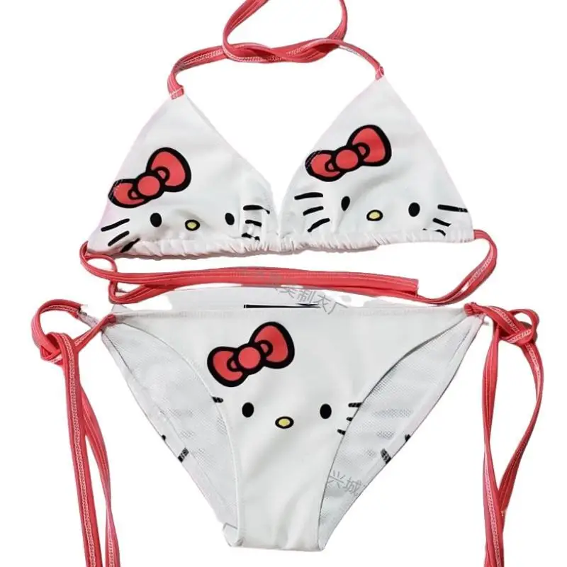 Hot Sanrio Beach Sexy Lace Up with Chest Pad Bikini Kawaii Kuromi Cartoon Cute Spa Split Swimsuit Fashion Underwear Set New Kit