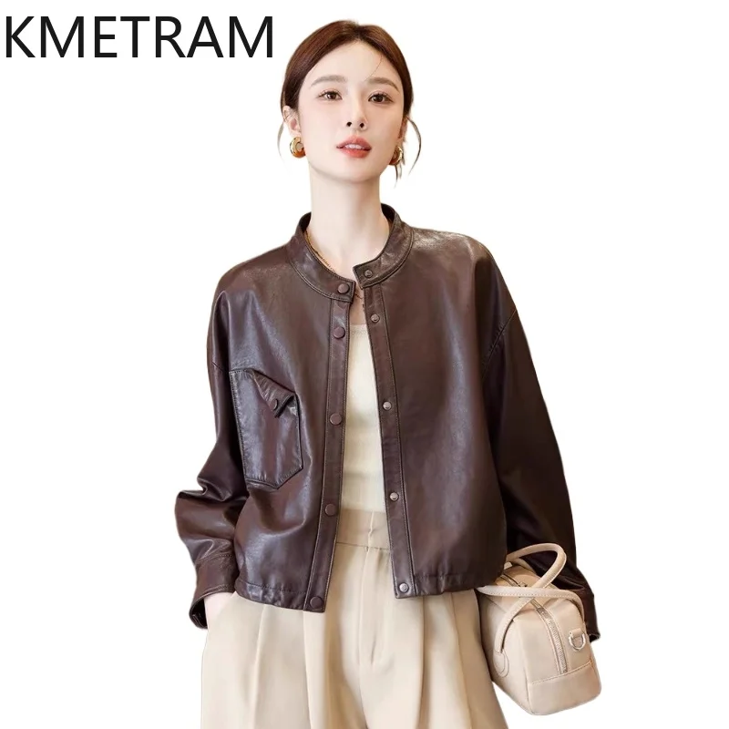 

KMETRAM Genuine Sheepskin Leather Jacket Woman Stand Collar Short Coat Real Leather Jackets 2026 Autumn Women Clothing jaqueta