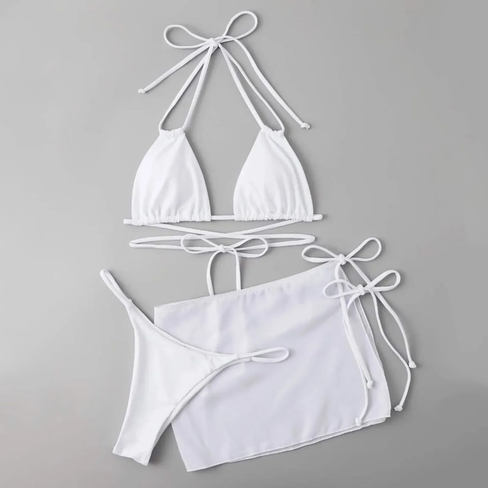 

Womens Summer Swim Suit Solid Color Drawstring Strap Three Pieces Beachwear Sexy Bikinis Sets Quick Drying Women Swimsuit