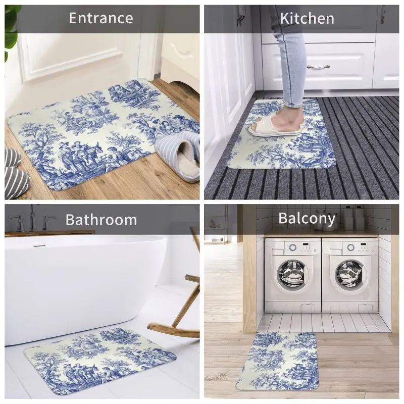 Personalized Classic French Navy Blue Toile De Jouy Motif Pattern Doormat Mat Anti-Slip Traditional France Art Room Rug Carpet