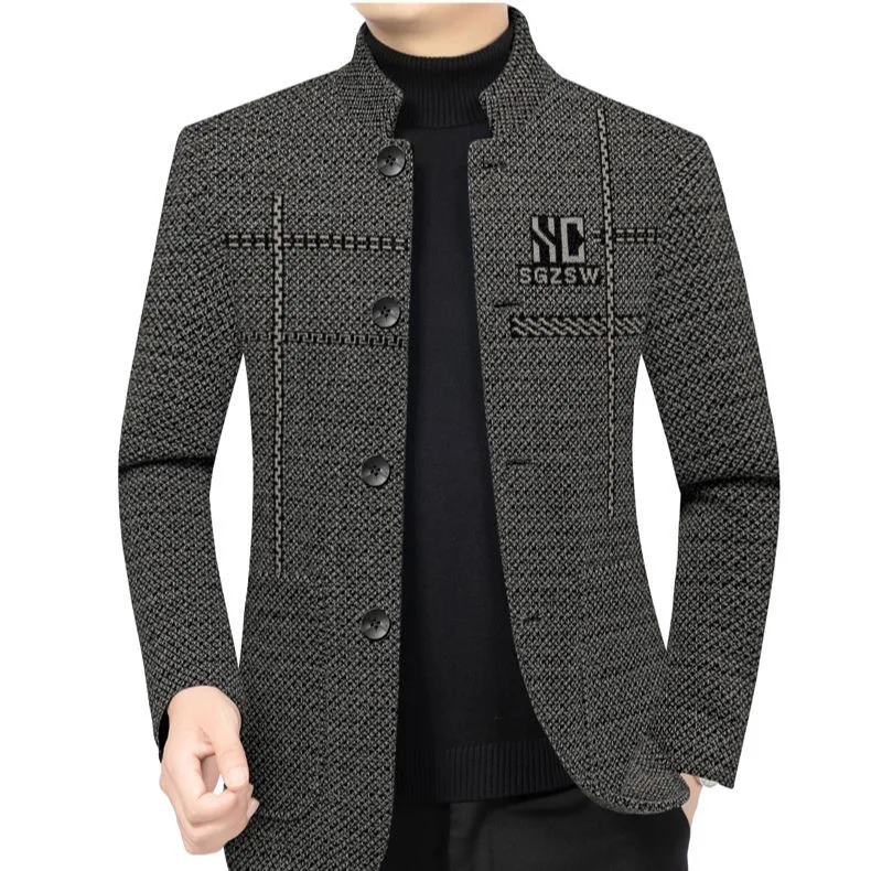 

Men's Mid-life Casual Woolen Jaet Stand Collar Thiened Long Sve Coat Comfortable Fit Polyester Fabric Chinese Sle Top