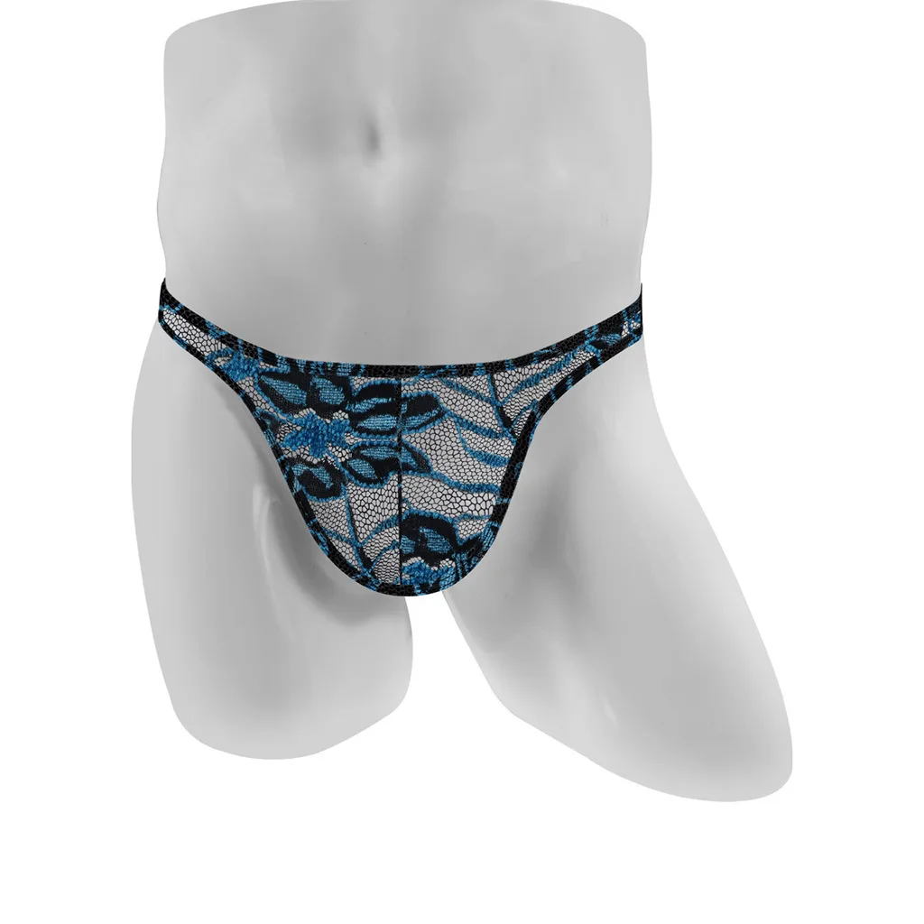 Men's Lace Sheer Mesh Embroidered Low-Rise G-String Thong