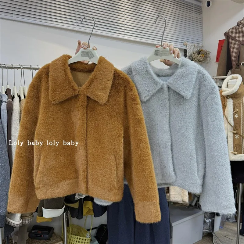 Frauen Herbst Winter Faux Nerz Haar Koreanischen Stil Longs Leeve Einreiher Jacke Dame Streetwear Flauschigen Faux Pelz Outwear