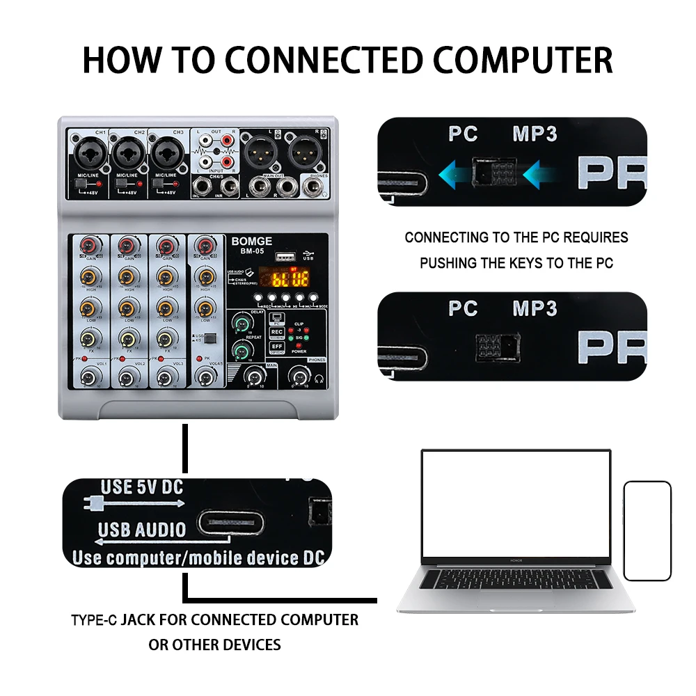 Mixer BM-05 Dj Mixing Console Met Bluetooth 48V Phantom Power Monitor Karaoke Systeem Usb Mixer Audio
