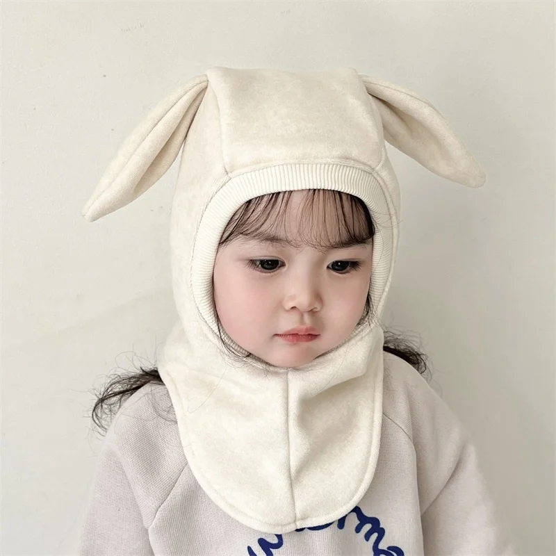 Cute Rabbit Ears Autumn Kids Knit Hat Scarf Solid Color Boys Girls\' Knitted Thick Hooded Cap Head Neck Proection Warmth Caps