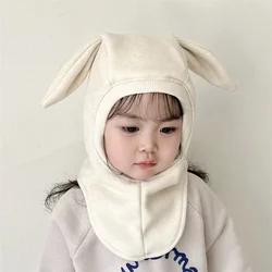 Cute Rabbit Ears Autumn Kids Knit Hat Scarf Solid Color Boys Girls' Knitted Thick Hooded Cap Head Neck Proection Warmth Caps