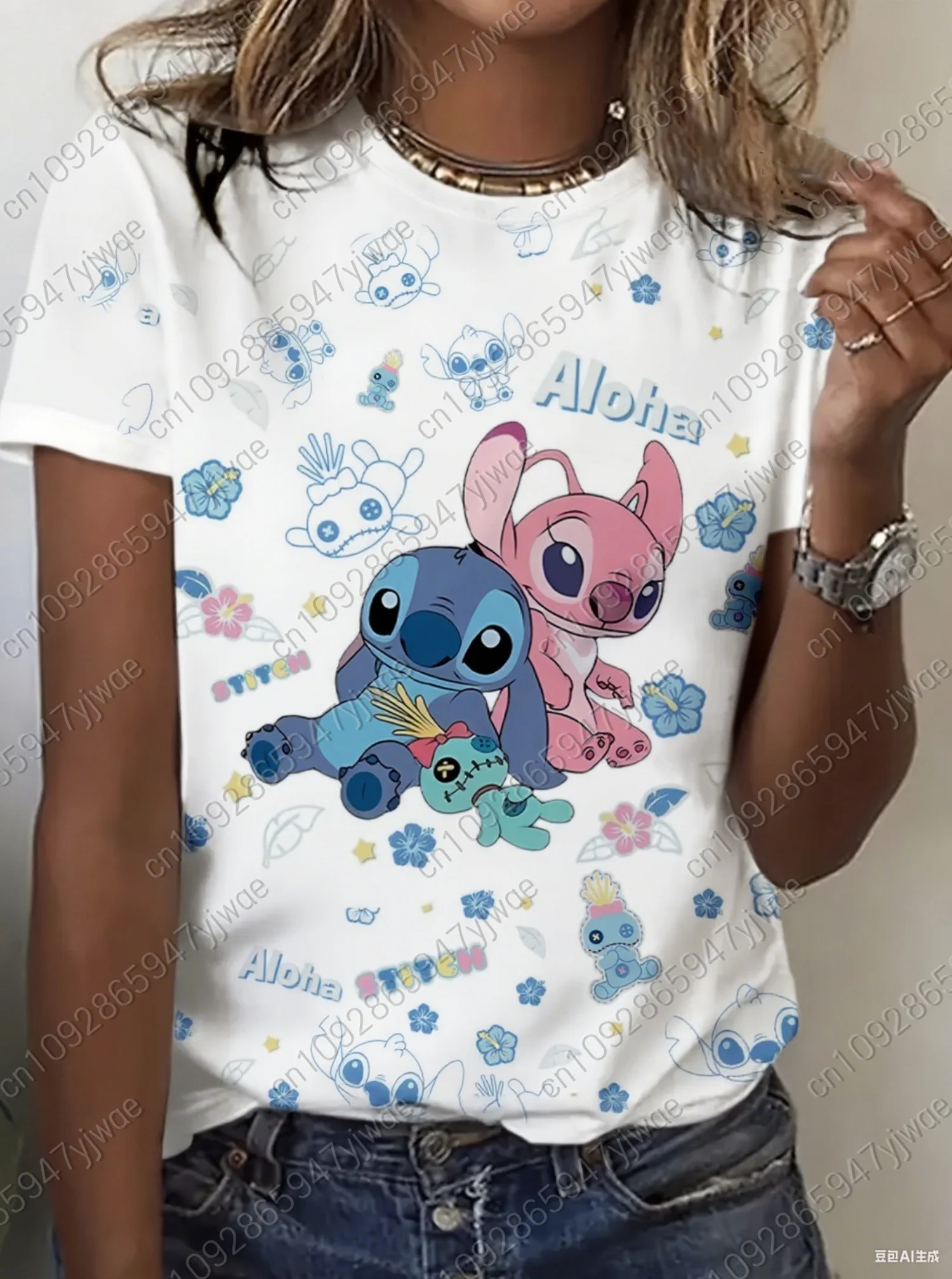 الصيف المرأة Kawaii غرزة طباعة جولة الرقبة قصيرة الأكمام تي شيرت اليومية أعلى الإناث الإبداع الشارع تي شيرت