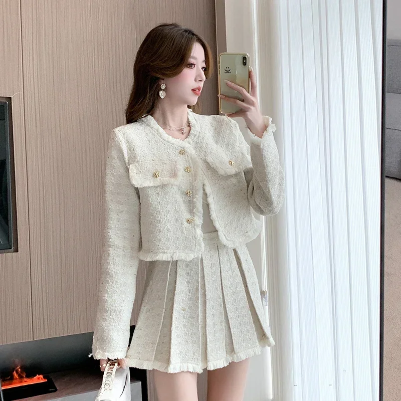 Lnsozkdg Fashion Tweed Jacket 2 Piece Set Women Elegant O-neck Long Sleeve Short Coat + Mini Pleated Skirt Suits Ladies Outfits