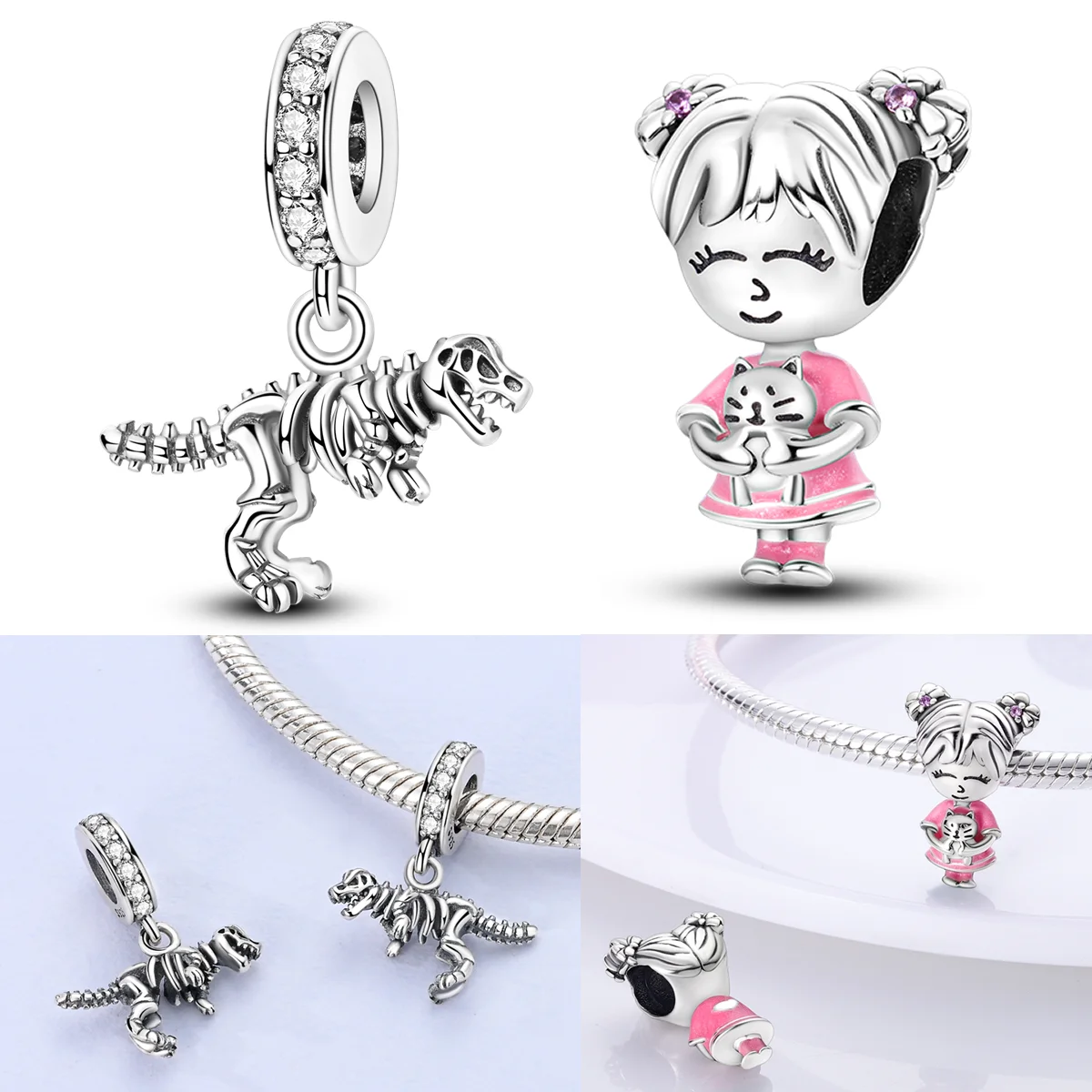 

925 Sterling Silver Tyrannosaurus Rex skeleton Charms Bead CZ Zircon Girl and Cat Dangle Fit Original Bracelet DIY Women Jewelry