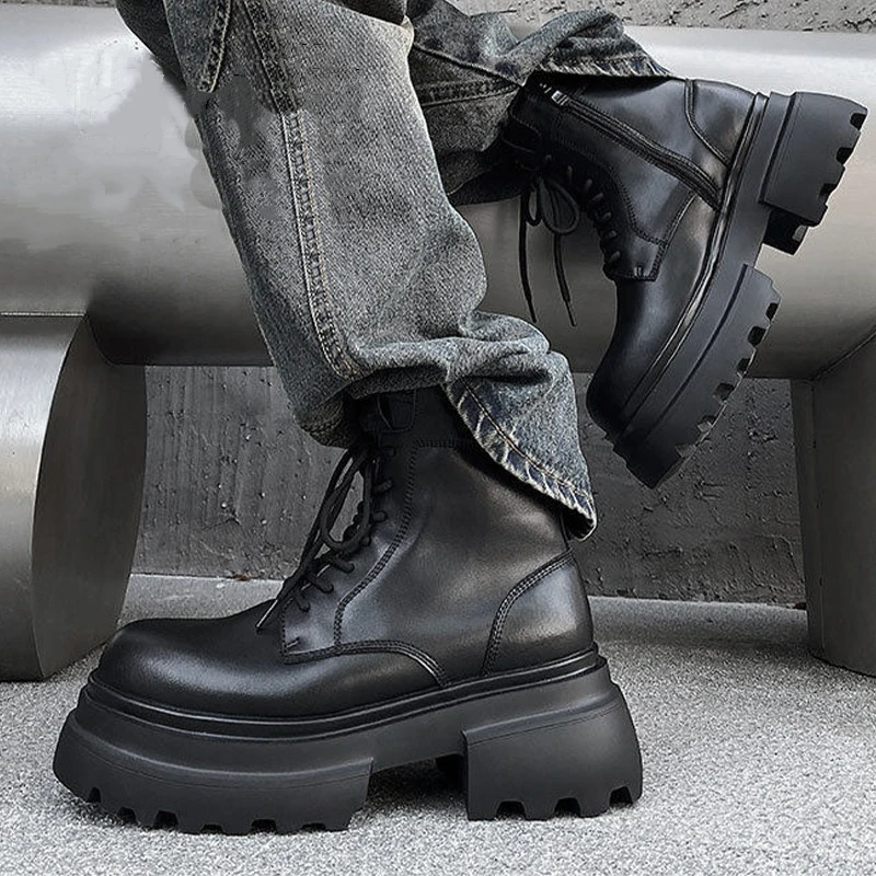 men fashion punk goth platform boots lace-up original leather shoes cowboy spring autumn ankle boot designer motorcycle botas