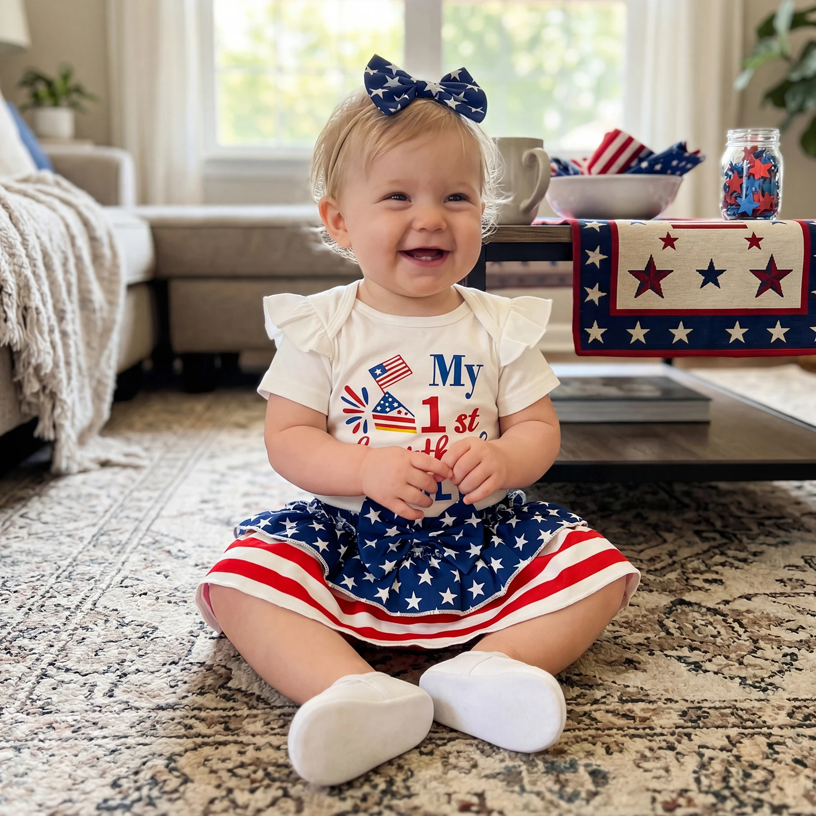 Baby Girl Independence Day Outfit Short Sleeve Letter Print Romper Star Pattern Tiered Shorts with Matching Headband