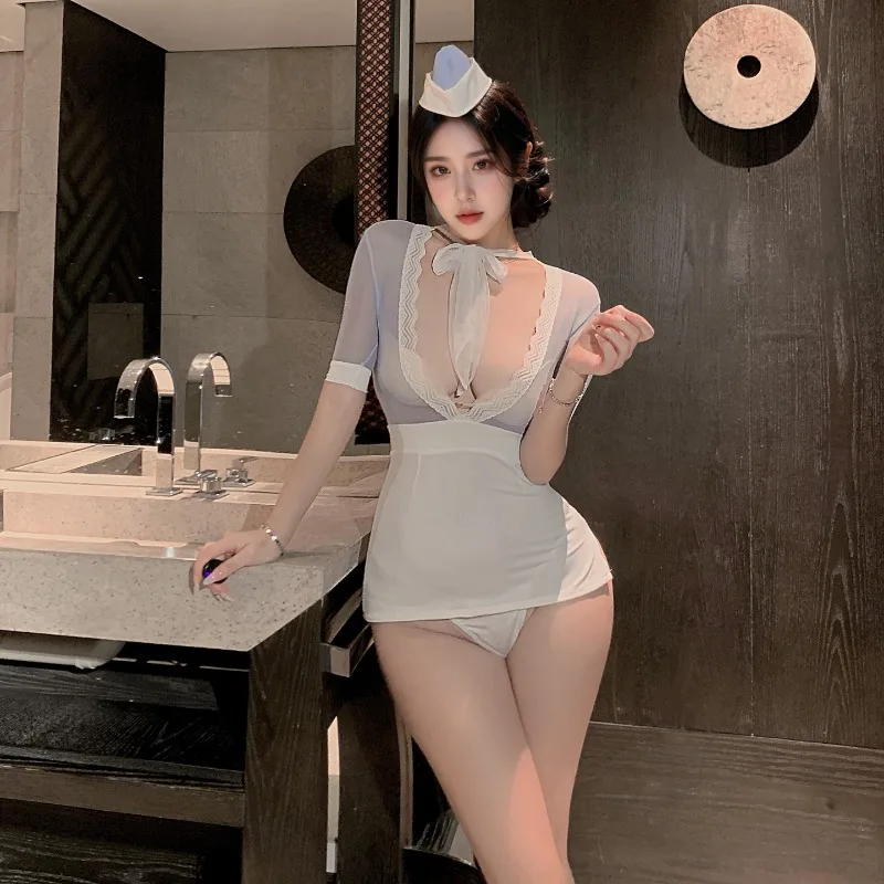 

Sexy Air Stewardess Uniform Cosplay Costume Open Chest See Through Nightdress Women Backless Roleplay Outfits Hip Wrap Skirt Set