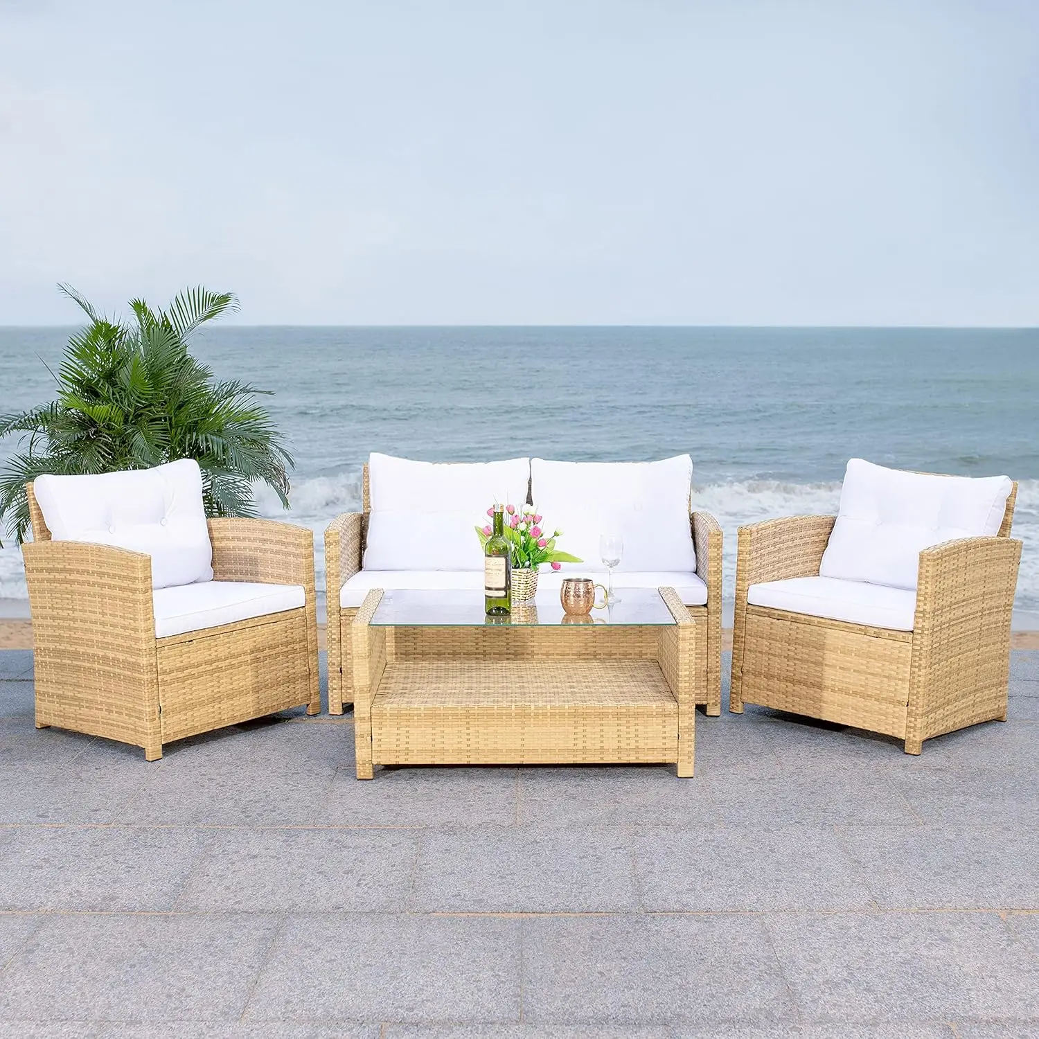 SAFAVIEH Outdoor Collection Vellor Natural/White Cushion 4-Piece Conversation Patio Set PAT7516D