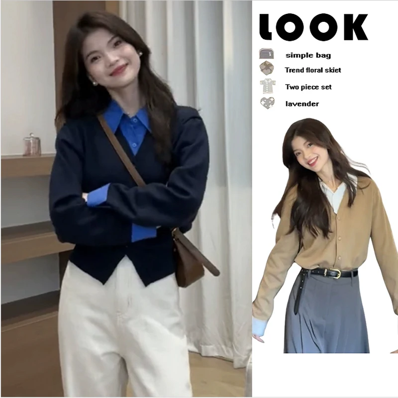 Autumn Faion Loose Women's Open Cardigan Fake Two-Piece Sle Slimming College Sle Top Korean Version Long Sve  Co...