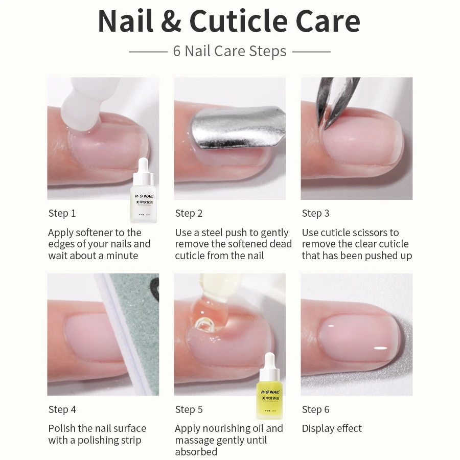 RS NAIL 25ml Rimozione cuticole e riparazione olio per cuticole Kit per la cura delle unghie Olio nutriente per cuticole per unghie Nutre e strumento per manicure danneggiato
