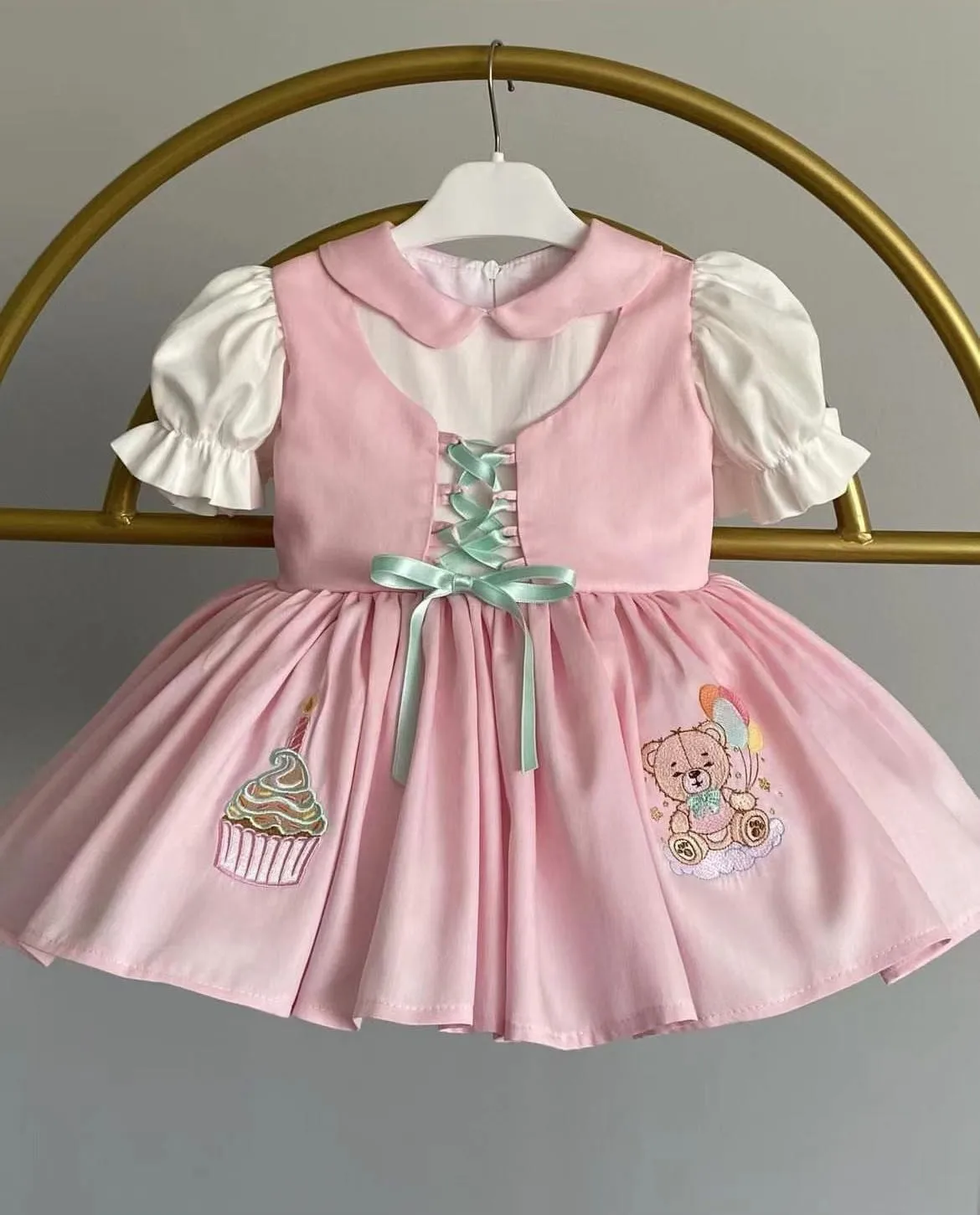 0-12Y Baby Girl Summer Pink Ice Cream Bear Embroidery Turkish Vintage Princess Ball Gown Dress for Birthday Holiday Casual Eid