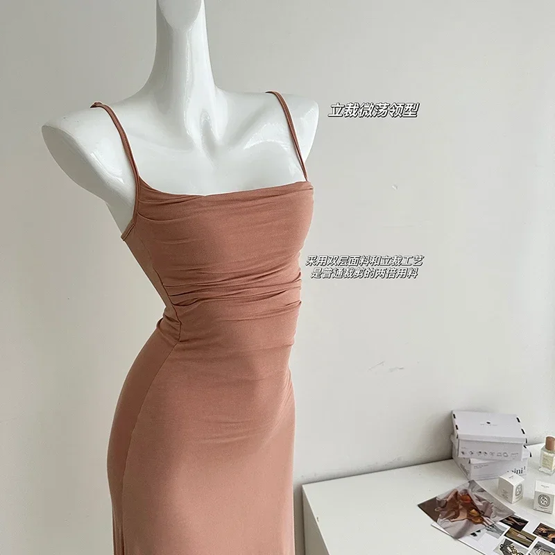 2024 Summer New French Sling Dress Women Chic Backless Sexy Long Dress Beach Spaghetti Strap Dresses Sundress  Female Robe