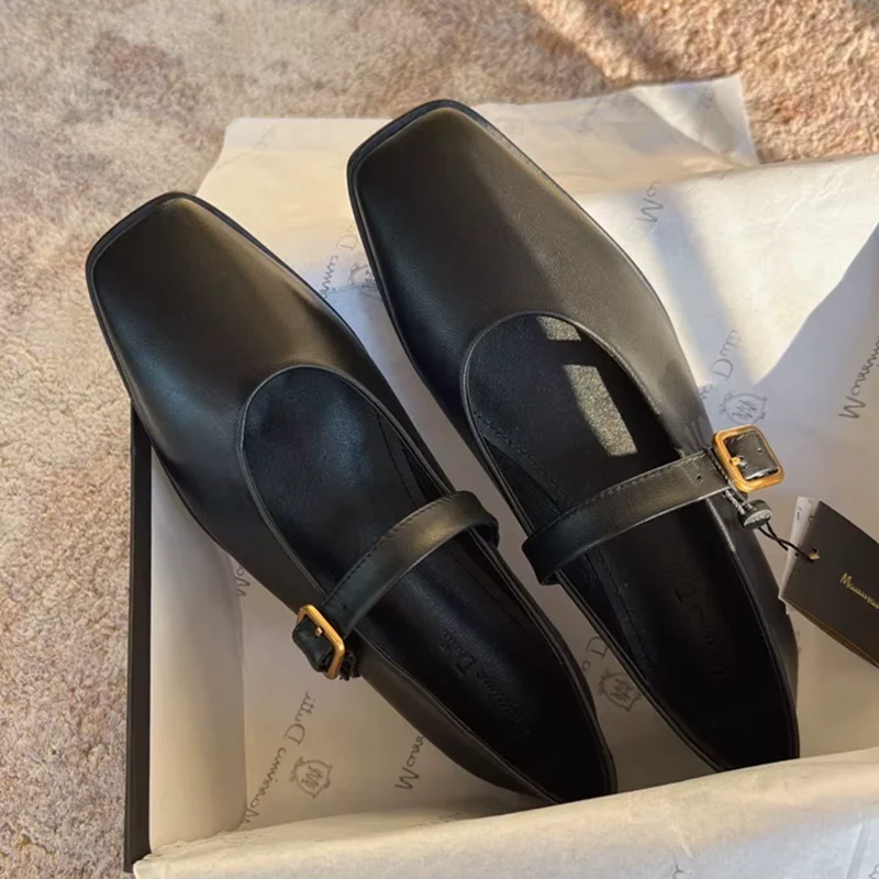 

Sheepskin ~ Flat Shoes Genuine Leather Shallow Mouth Square Head One Line Buckle French Mary Jane Ballet Single Shoes for Women