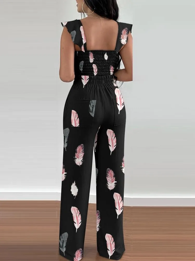 Sexy V Neck Sleeveless Shirt Long Pant Set Office Lady Spring Summer Print Blouse Pants Two Piece Sets For Women Outfit 2023