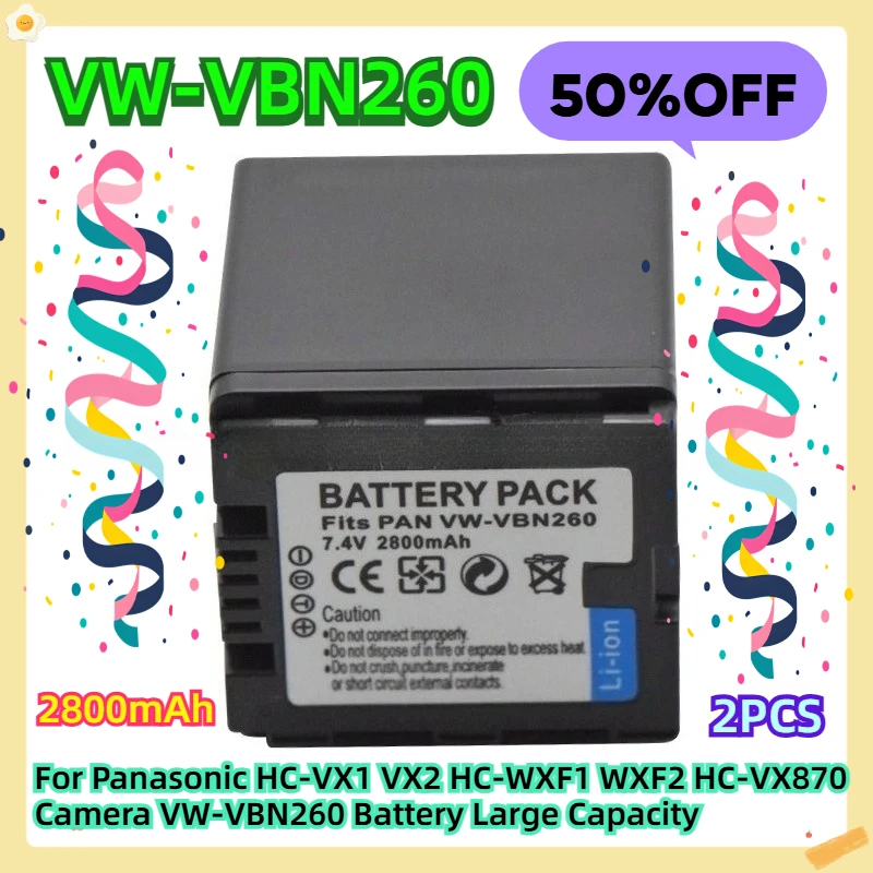 

For Panasonic HC-VX1 VX2 HC-WXF1 WXF2 HC-VX870 Camera VW-VBN260 Battery 2800mAh Large Capacity 2pcs