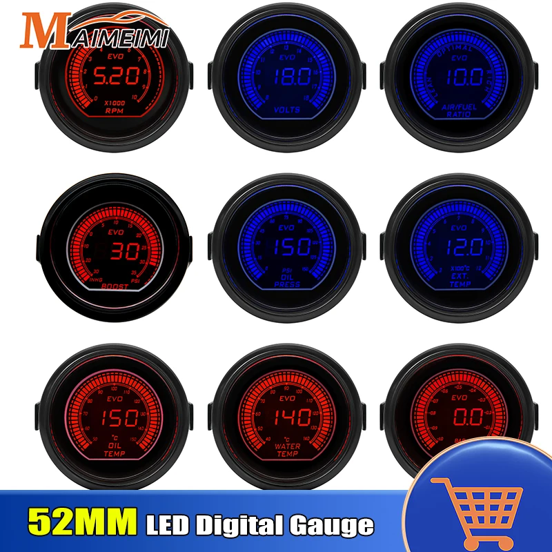 52mm Dual LED Digital Display Tachometer Boost Vacuum Water Temp Oil Temp Voltage Air Fuel Ratio Exhaust Temp Gauge for 12V Car