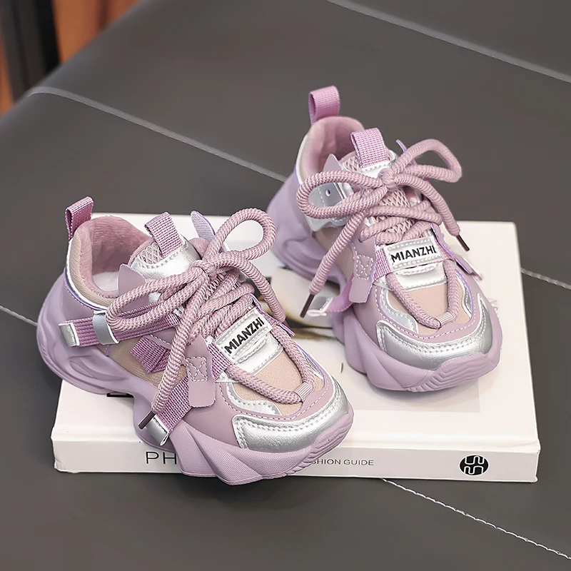 Chaussures de dehors pour Enfant, en Cuir Microcarence, Antidérapantes, Semelle Souple, Résistantes à l'Usure, à Lacets, Chaudes et Décontractées, Couleur Gris Violet, pour l'Hiver