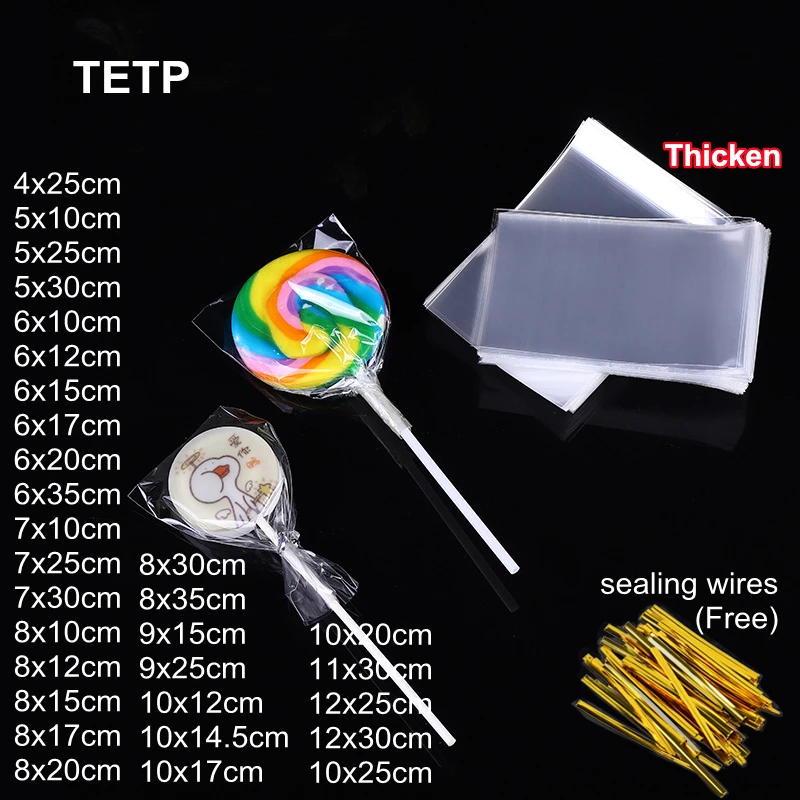 TETP 100Pcs Clear Top Open Bag Thicken Cellophane Handmade Cookies Candy Lollipop Packaging Favors Gift Decoration OPP Plastic