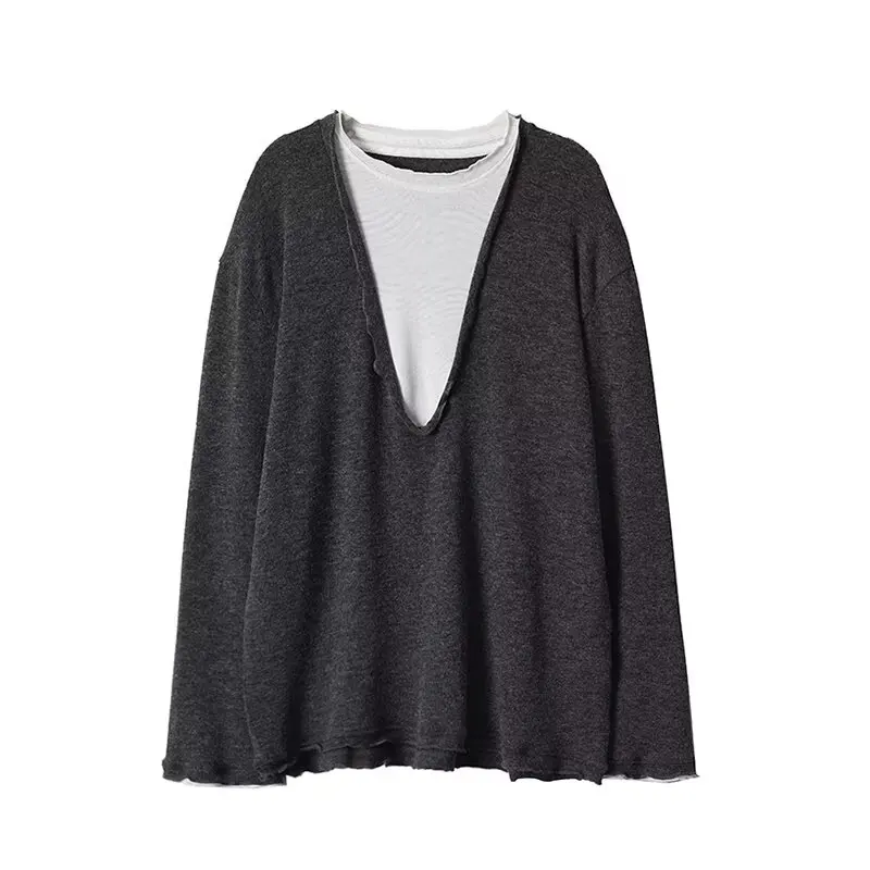 Women Autumn New Arrival Knit Top for Women, Elegant Smart Casual Faux Color‑block Long Sleeve Blouse, Stretchy Draped Soft Slim