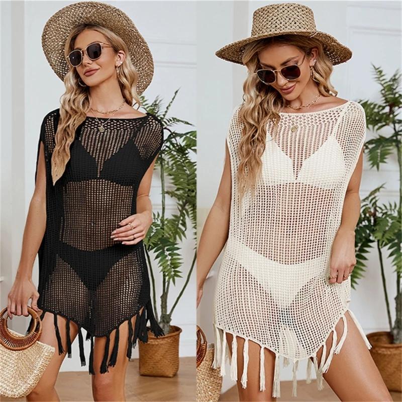 Cache maillot bain sans manches pour femmes, avec des franges, Cover-up pour les maillots bain, ajouré, châle, pour les vacances, pour les Bikinis, nouvelle collection