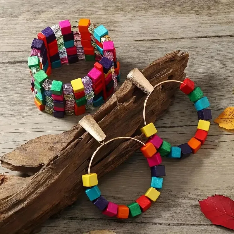 Boho Style Jewelry Set Made Of Wooden Cubic Beads Multi Colors Match Daily Outfits Party Accessory 1 Pairs Earrings + 1 Bracelet