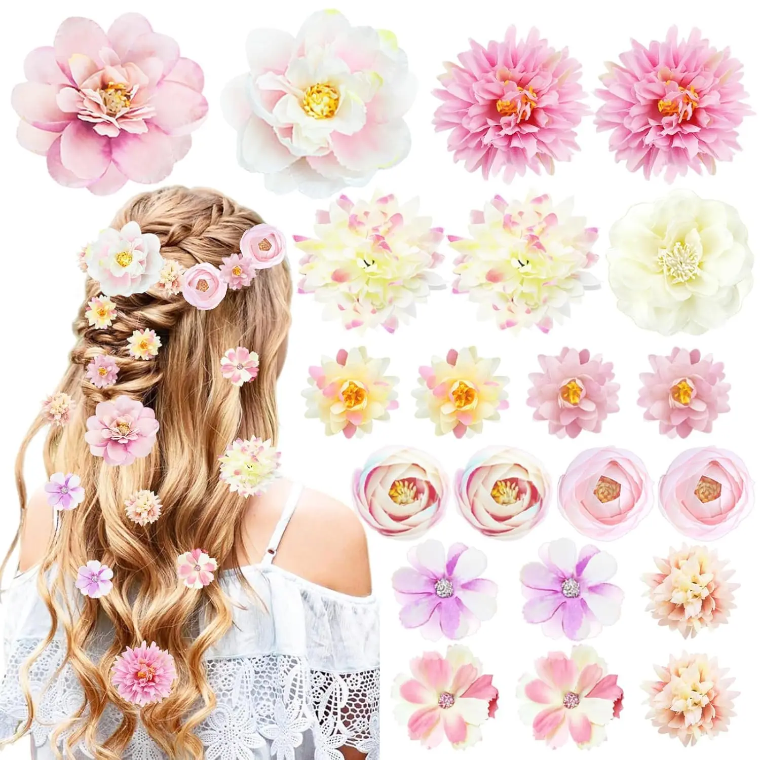 

21PCS Boho Flower Hair Clips Barrettes Women Girls Rose Floral Headpiece Wedding Festival Pink Purple
