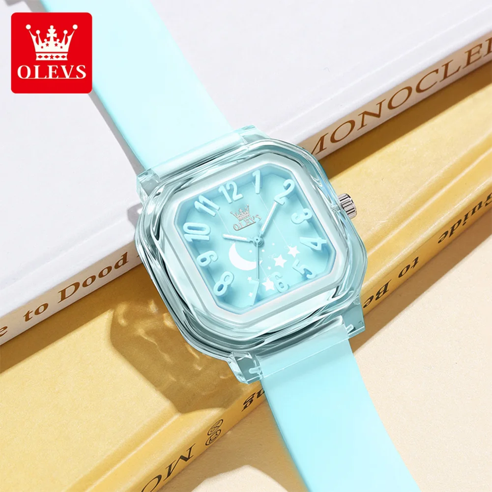 OLEVS 3711 Student Watches Cute Square Quartz Watch Waterproof Luminous Transparent Shell Silicone Strap Watch Student Gifts New