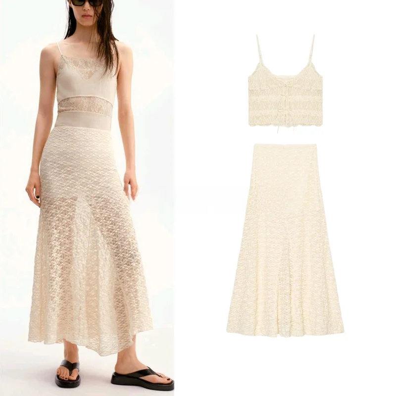 

Knot Lace Strap Top And Long Skirt Set Women's Summer Fashion Casual Elastic Waist V-neck Sleeveless Two-piece Set