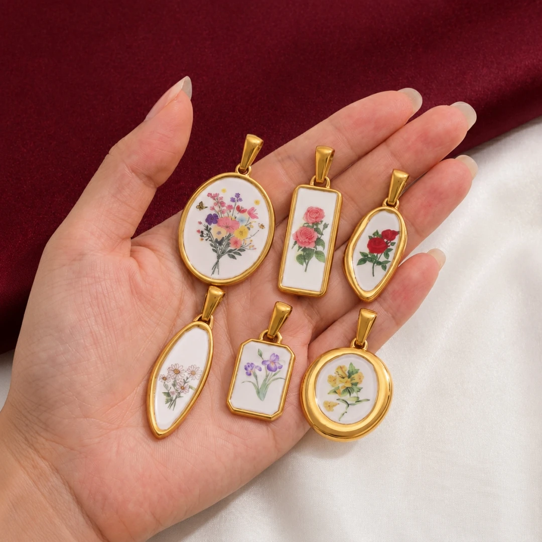 2pcs Stainless Steel Enamel Rose Dried Flower Charms Irregular Round Pendant for DIY Necklace Jewelry Making Findings Wholesale