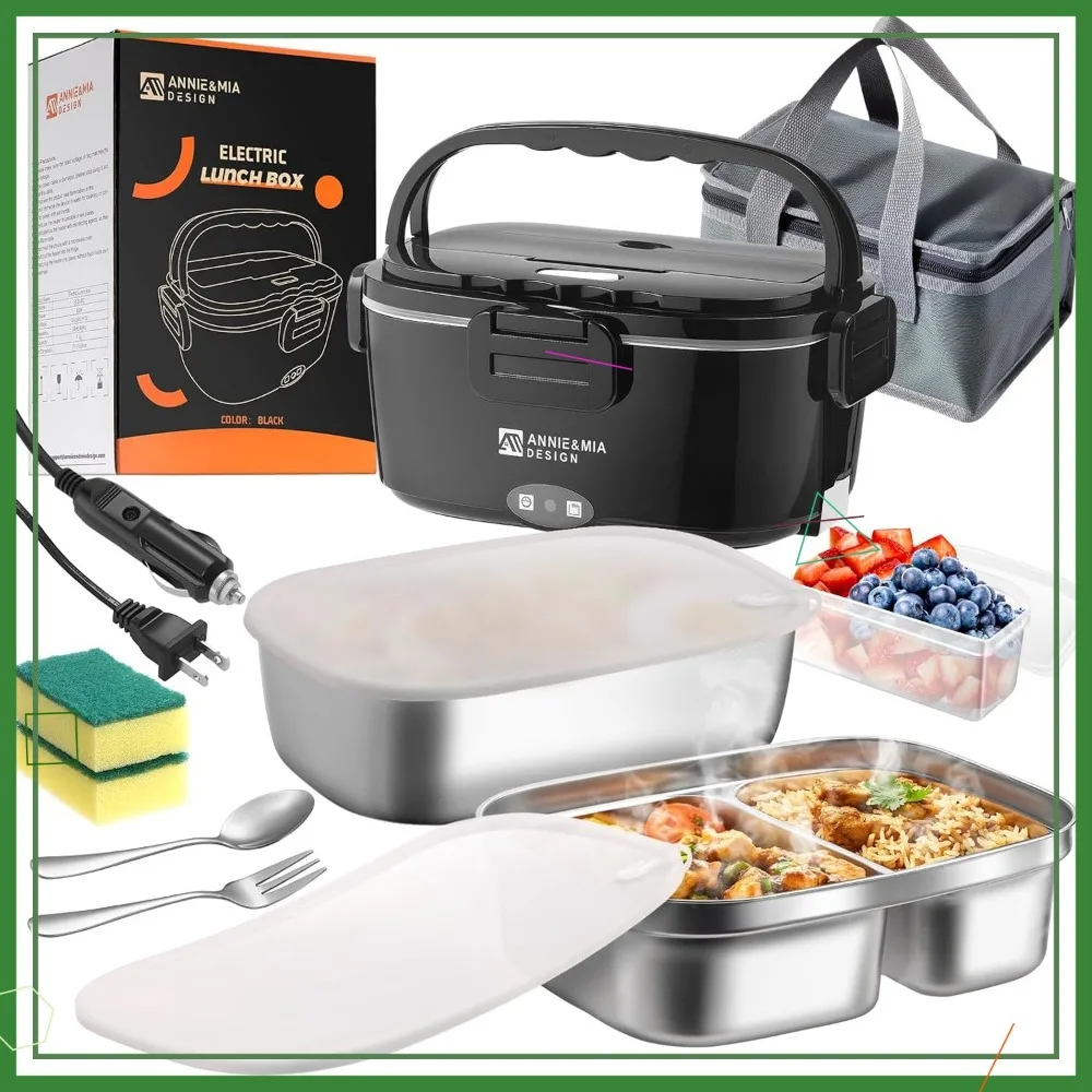 

80W 1.5L Dual Container Electric Lunch Box for Adults, Portable Food Warmer for Home/Car/Office/Truck Use (Black)