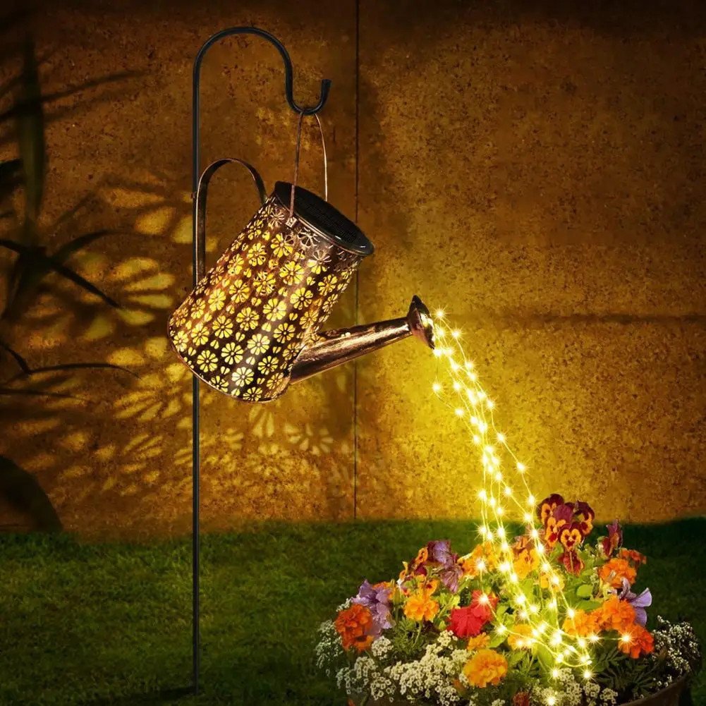 Wrought Iron Kettle Shape Lamp Solar Powered Metal Watering Lantern with Led String Lights for Outdoor for Yard for Outdoor