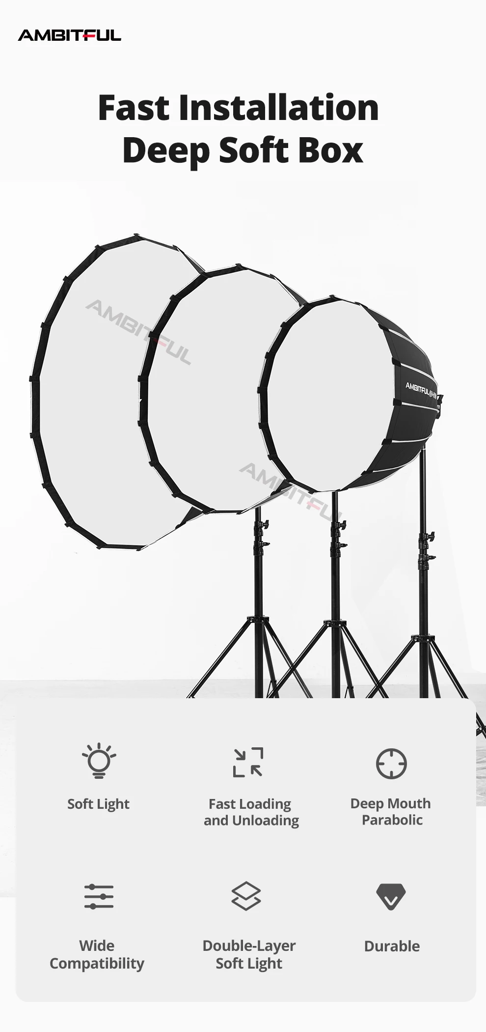 AMBITFUL P70 P90 P120 Parabolische Deep-Softbox mit Bowens-Montage und Schnellverschlussgitter – Detail 1