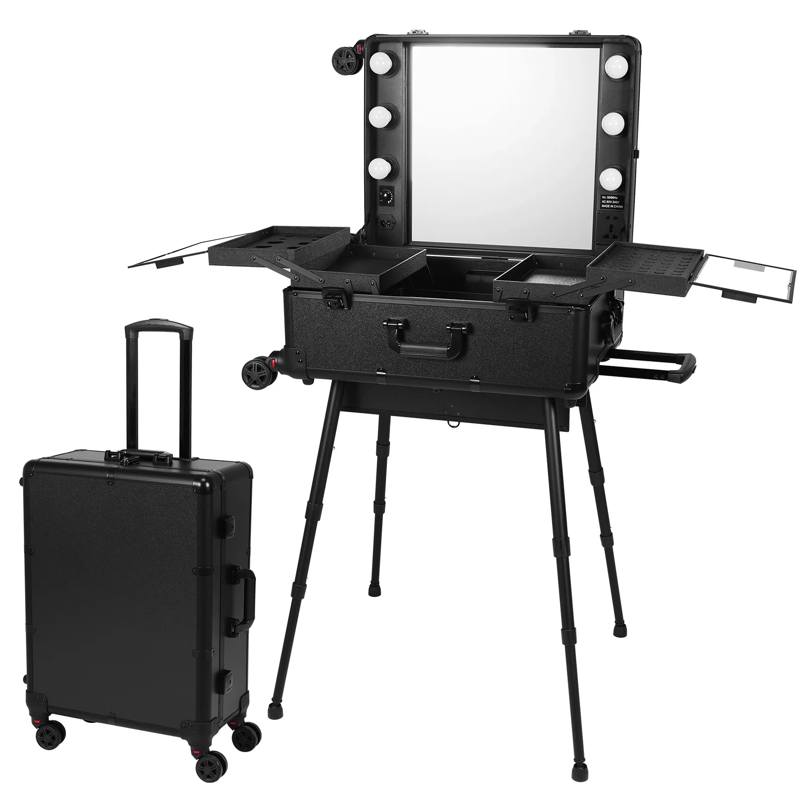 

Rolling Makeup Train Case with Mirror and Lights Travel Cosmetic Organizer Box with Wheels Stands for Travel Or Salon Use
