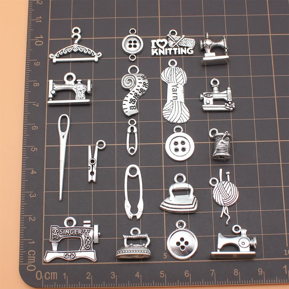 20pcs Sewing Knitting Sets Sewing Machine Irons Buttons Wool Hangers Paper Clips Charms Collection, 20 Styles, 1 of Each