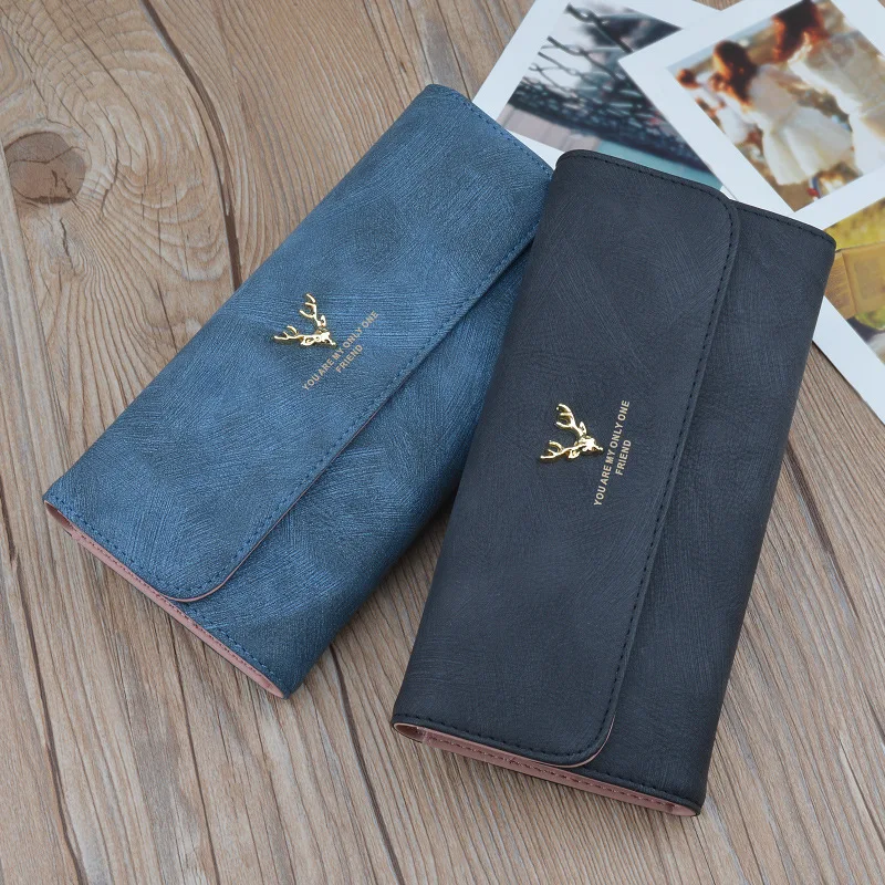 Women's Wallets Multifunctional Fashion New Frosted Long Wallet Retro Deer Snap Clasp Clutch Bag PU Leather Female Coin Purse