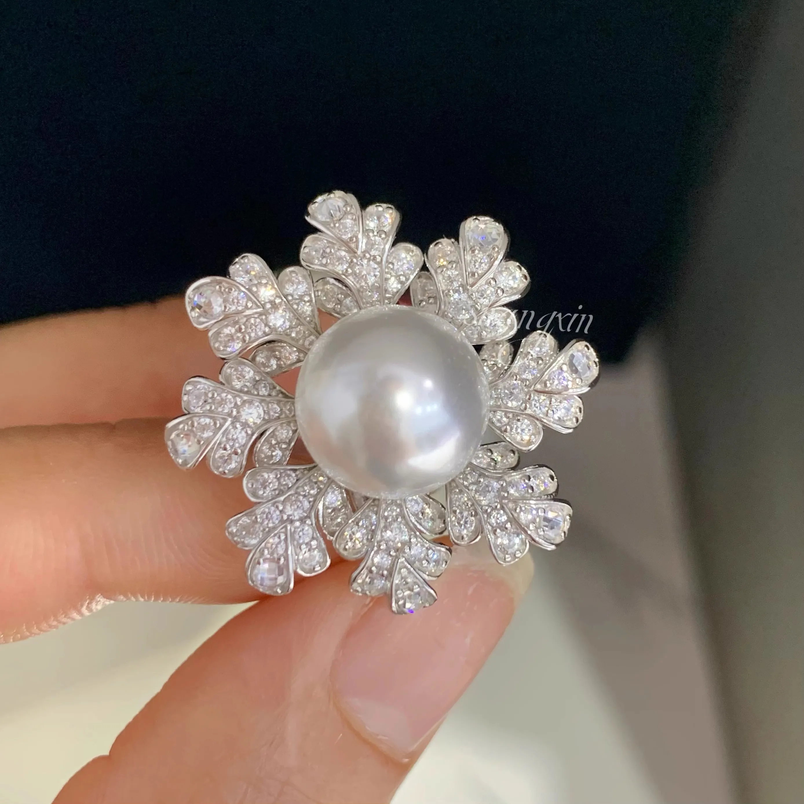 MeiBaPJ 9-10mm Natural Round White Pearls Fashion Flower Ring DIY 925 Silver Holder Setting Fine Wedding Jewelry for Women
