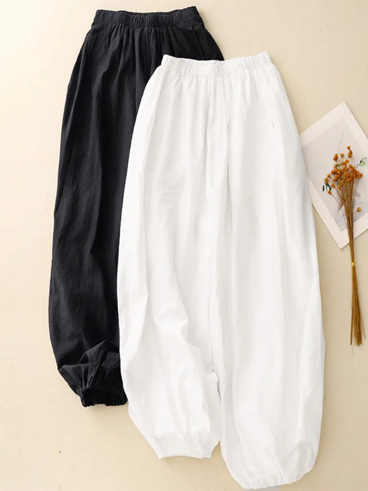 Pantaloni a lanterna in canapa di cotone artistico RP Pantaloni da donna estivi a vita alta con cravatta casual Harajuku Sle in cotone e lino