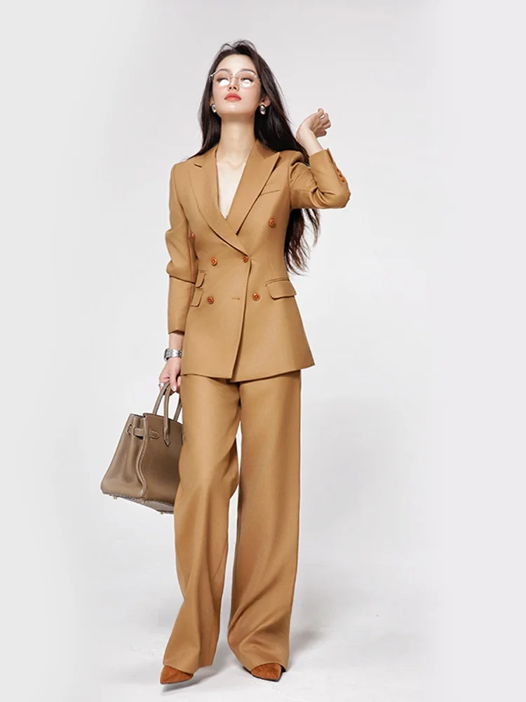 

Элегантный шерстяной костюм цвета кэмел для женщин: профессиональный офисный комплект с длинными рукавами и брюками для осени и зимы, для официальных мероприятий