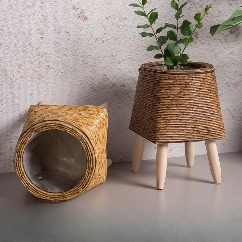 Indoor imitation rattan flower stand triangular bracket flower pot desktop creative succulent storage container office straw pot