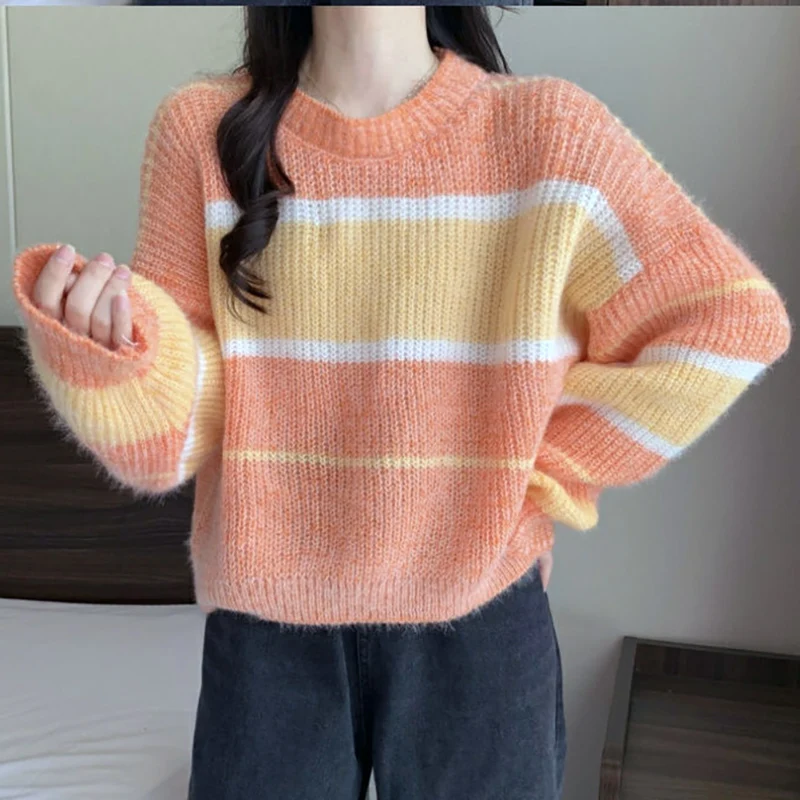 Fashion O-Neck Spliced Casual Striped Sweaters Female Clothing 2024 Autumn Winter New Loose All-match Pullovers Korean Tops