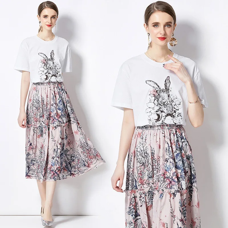 Women's Summer New Vintage Elegant Magic Garden Print Large Hem Half Skirt Trendy Two Piece Set