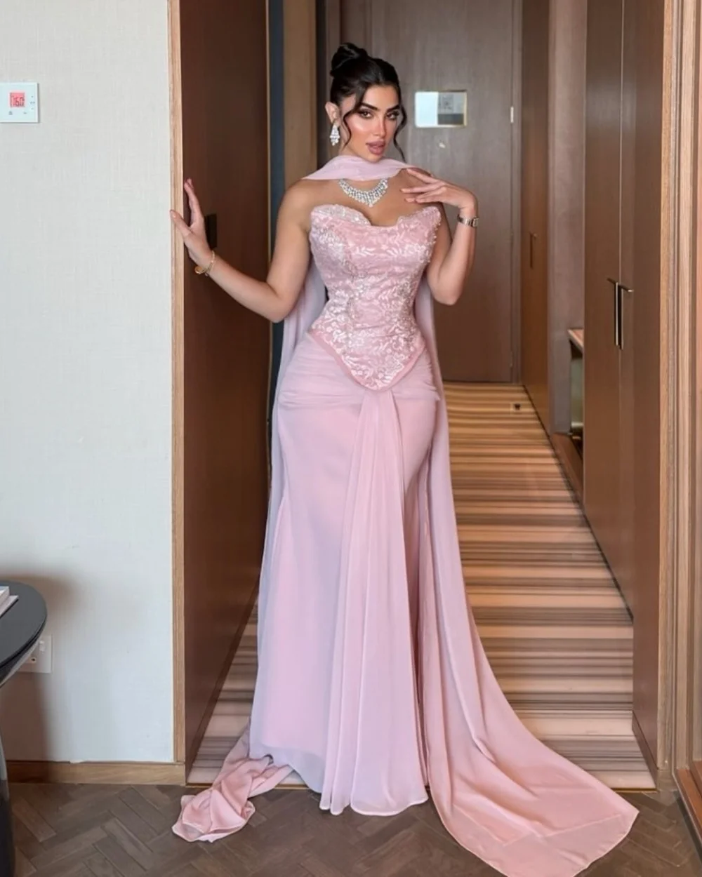 

Customized Elegant Chiffon Pleat Pattern Trumpet Strapless Long Dresses Evening Bespoke Occasion Chinese Style